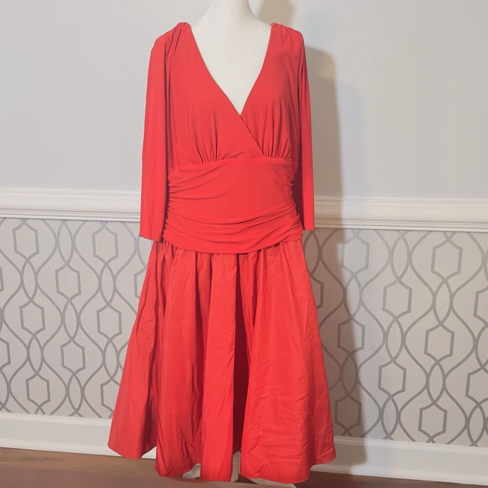 Vtg Style Dress Red Ruched Empire Waist A-Line Midi Party Cocktail 16W by Marina